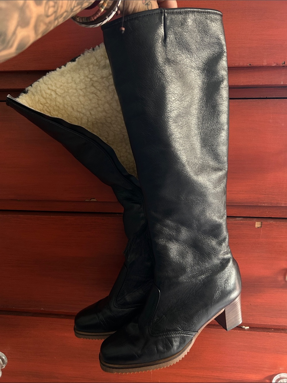 Women's Black Shearling-Lined Leather Knee-High Heeled Boots